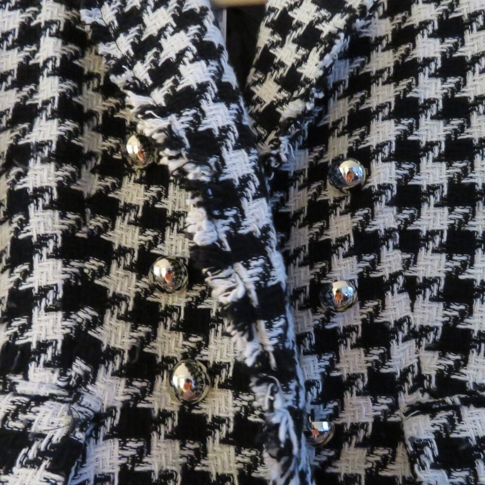 MANGO Houndstooth Wool Blend Frayed Hem Blazer Academia Black White - Size S NWT - Picture 8 of 14